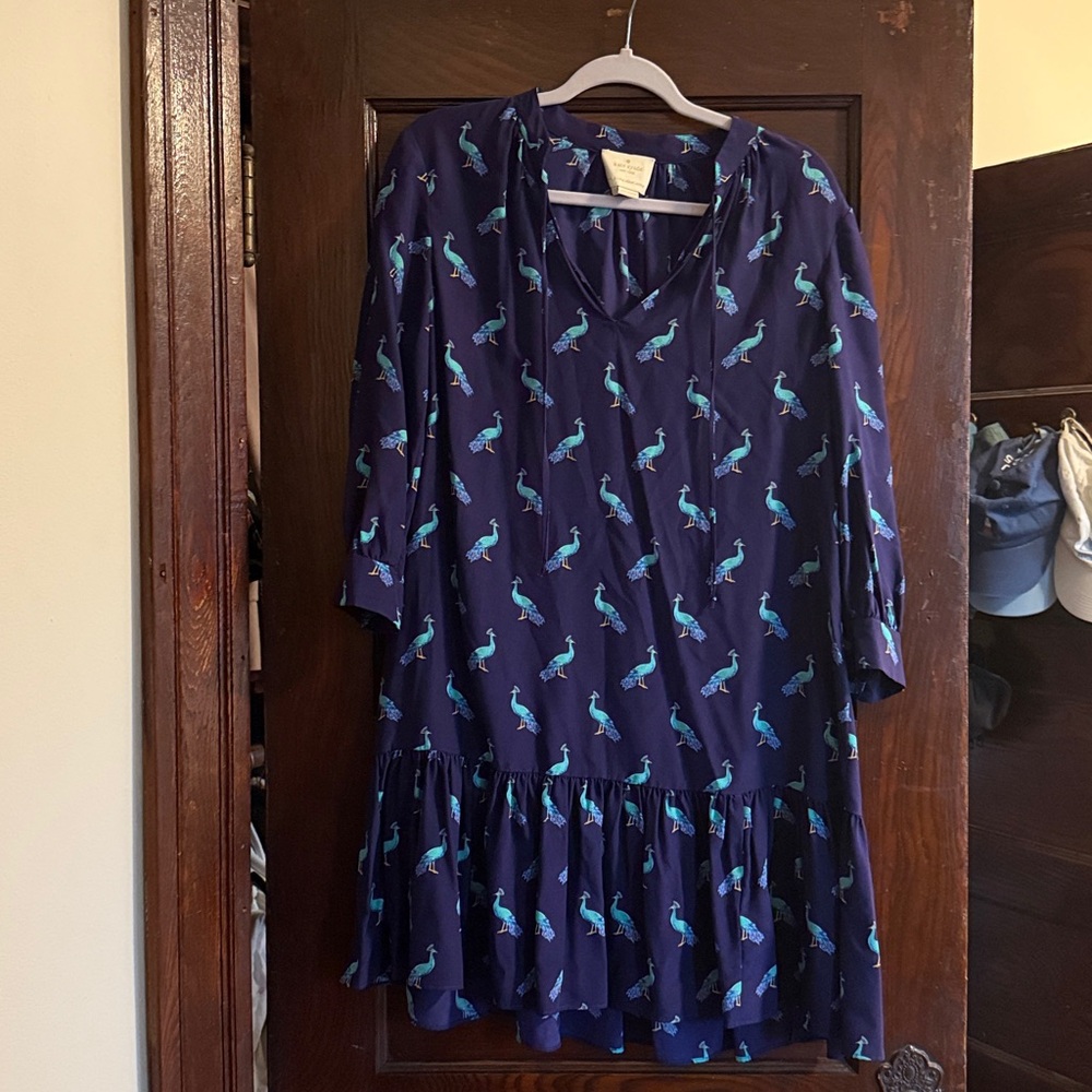 Kate Spade 100% silk Navy Dress with Blue Peacock Design